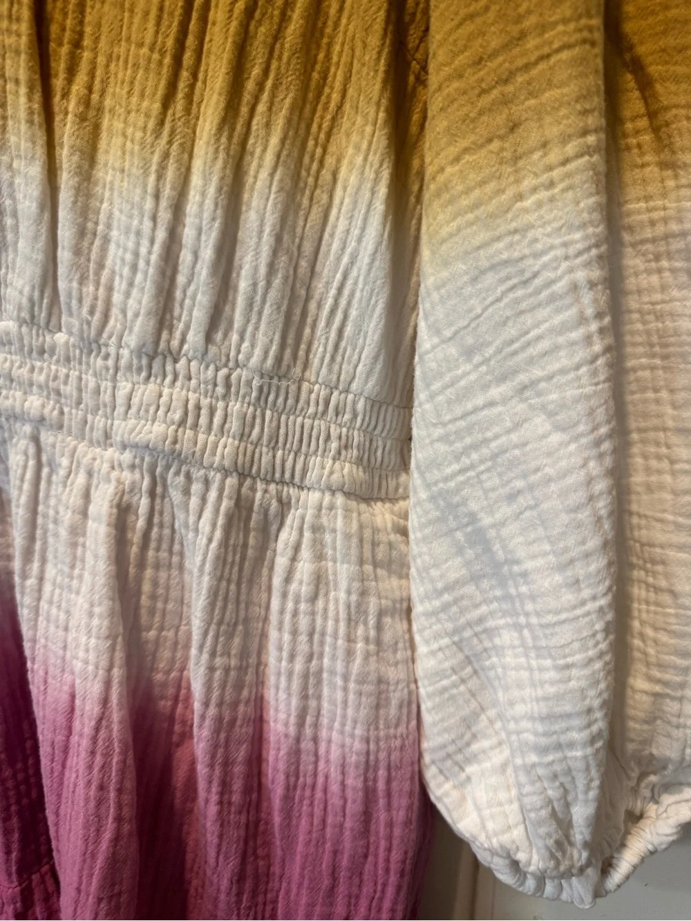 100% Cotton UT Mustard, White & Pink Ombre Long Sleeve Tiered Dress
